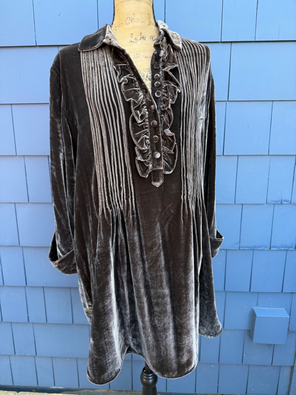 Soft Surroundings Charcoal Velvet Ruffle Pintuck Tunic